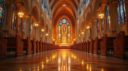 Cathedral interior with stained glass windows and pews reflecting on polished floor