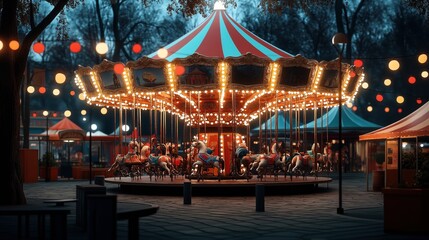 Obraz premium Illuminated carousel with horses in an amusement park at dusk surrounded by hanging lights