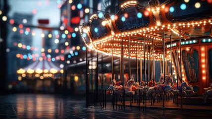 Illuminated carousel with colorful horses and festive lights in an urban night setting, featuring blurred bokeh effects and a wet reflective surface.