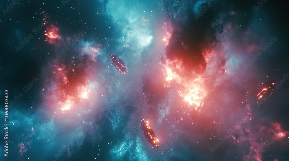 Poster spaceships navigating through fiery nebula in deep space.