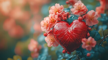 human heart intertwined with blooming flowers, symbolizing love and compassion. a vivid representation of kindness and emotional depth, set against a soft background