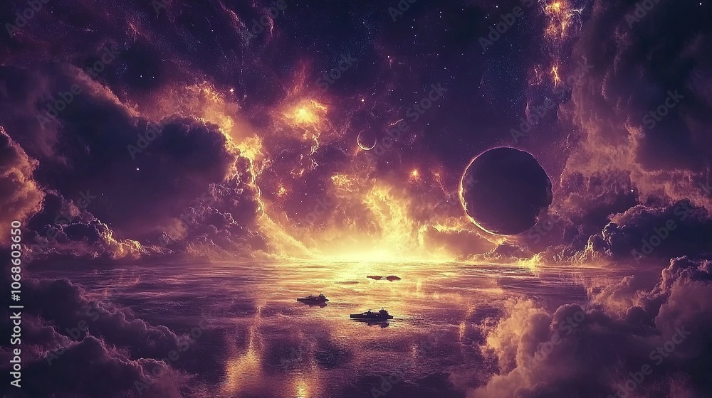 Poster spaceships navigating through fiery nebula in deep space.
