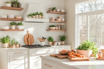 Modern Kitchen with White Cabinets, Wooden Shelves, and Plants