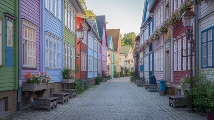Fototapeta premium Cobbled streets with colorful wooden houses, rustic style, Central European flavor.