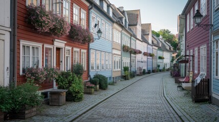 Obraz premium Cobbled streets with colorful wooden houses, rustic style, Central European flavor.