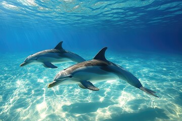Naklejka premium Two dolphins swimming gracefully in crystal clear blue water