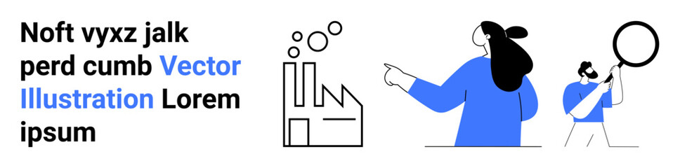 Factory symbol with rising bubbles, person pointing towards it, and another person examining with a magnifying glass. Ideal for technology, industry, analysis, teamwork, research, productivity