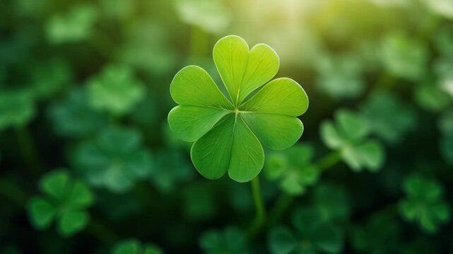 Spring field with clover leaves in sunny day after rain. St Patrick Day shamrock holiday symbol. Beautiful lawn or meadow. Farming and cattle pasture. Closeup