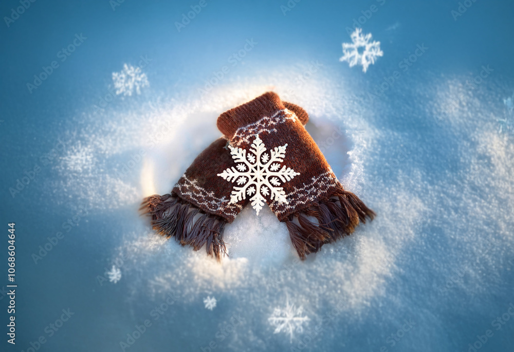 Poster a pair of brown knit gloves with a snowflake pattern rest in the snow. the gloves are surrounded by 