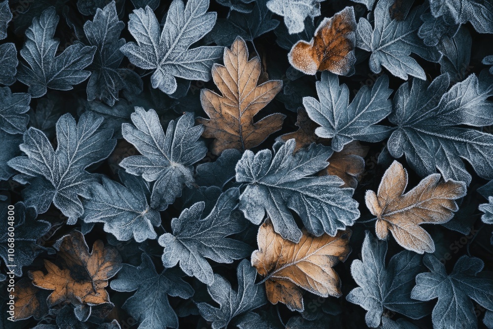 Poster frozen leaves creating stunning winter background with frosty texture and cold colors