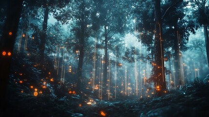 Obraz premium A Mystical Forest with Glowing Lights and Fog