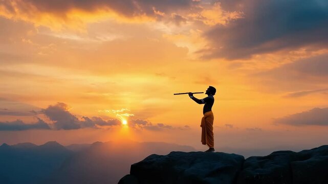 Silhouette of Hindu god Lord Krishna playing flute on sunset. Krishna Janmashtami, Govardhan Puja. Indian religious festival. Culture and religion concept 
