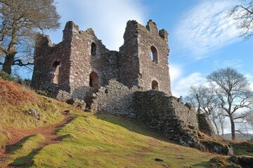 Old inverlochy castle ruins rising on a green hill in scotland