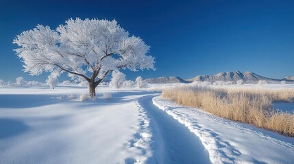 Obraz premium idyllic winter landscape featuring soft snow drifts under a clear blue sky, gentle light falling on the snowflakes, creating a serene and peaceful winter wonderland ambiance