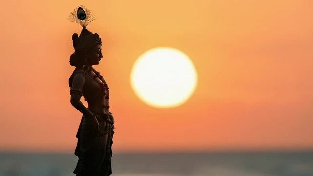 Silhouette of Hindu god Lord Krishna with peacock feather on sunset. Krishna Janmashtami, Govardhan Puja. Indian religious festival. Culture and religion concept 