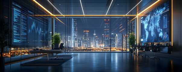 3D Illustration Modern Office Interior Night City View