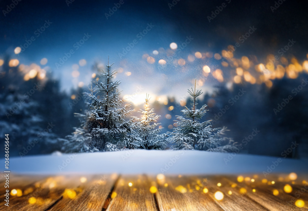 Poster a wooden table covered in snow sits in front of a snow covered forest, illuminated with string light