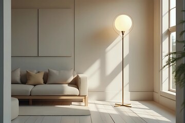 A minimalist, high-angle shot of a brass standing lamp with a spherical shade in a sleek, modern living room