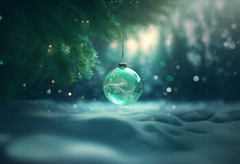 A single, teal Christmas ornament hangs from a pine branch, suspended over a snowy forest floor with soft light and falling snow.