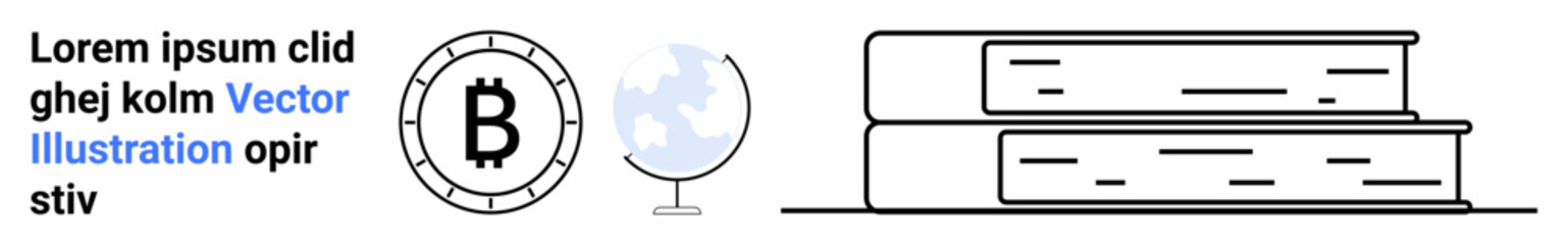 Cryptocurrency coin with a Bitcoin symbol next to a globe and stacked books. Ideal for finance, education, e-learning, global studies, cryptocurrency, blockchain technology, financial literacy