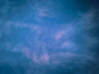 The sky on the background of sunset, colorful clouds. An abstract composition in nature with natural blue, pink, purple shades of the horizon. The natural environment.