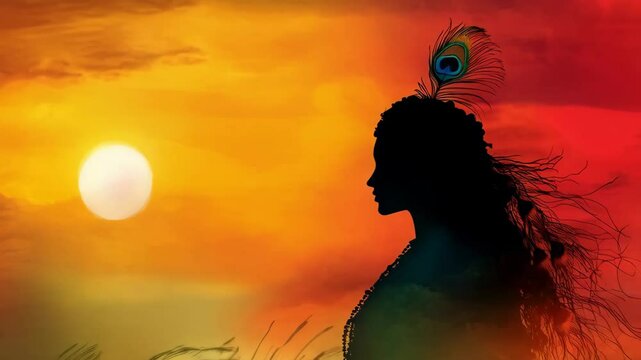 Silhouette of Hindu god Lord Krishna with peacock feather on sunset. Krishna Janmashtami, Govardhan Puja. Indian religious festival. Culture and religion concept 