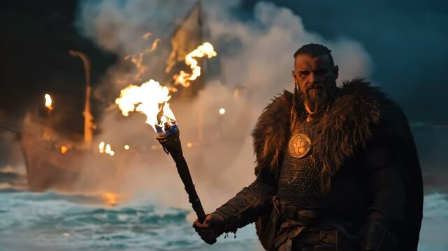 An Epic Viking Warrior Holding a Torch Stands Strong Near a Ship Under the Night Sky, Creating a Dramatic Scene