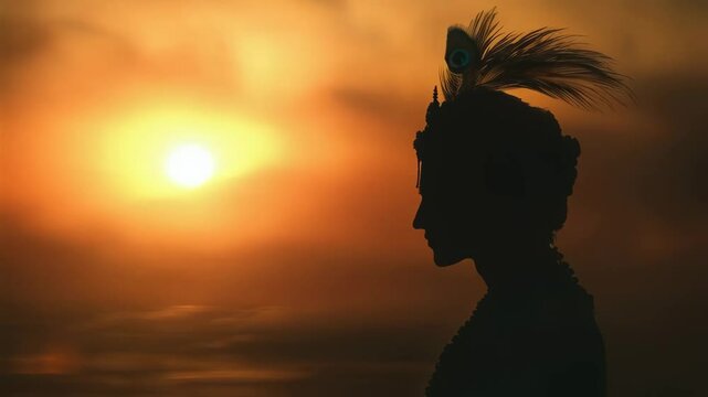 Silhouette of Hindu god Lord Krishna with peacock feather on sunset. Krishna Janmashtami, Govardhan Puja. Indian religious festival. Culture and religion concept 