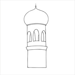Vector Islamic minaret. Graphic illustration mosque, tower isolated on white background. Muslim hand drawn line sketch, holiday Ramadan Kareem or Eid Al Adha 2025. For designers, prints, postcards