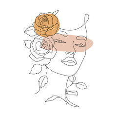 Elegant female faces in line art style with flowers, leaves, in boho colors. Continuous line art for logo, posters, cosmetics, postcards. Beautiful women's faces with flowers vector illustration.
