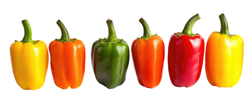 Raw and fresh red peppers are lined up. A healthy food. transparent background