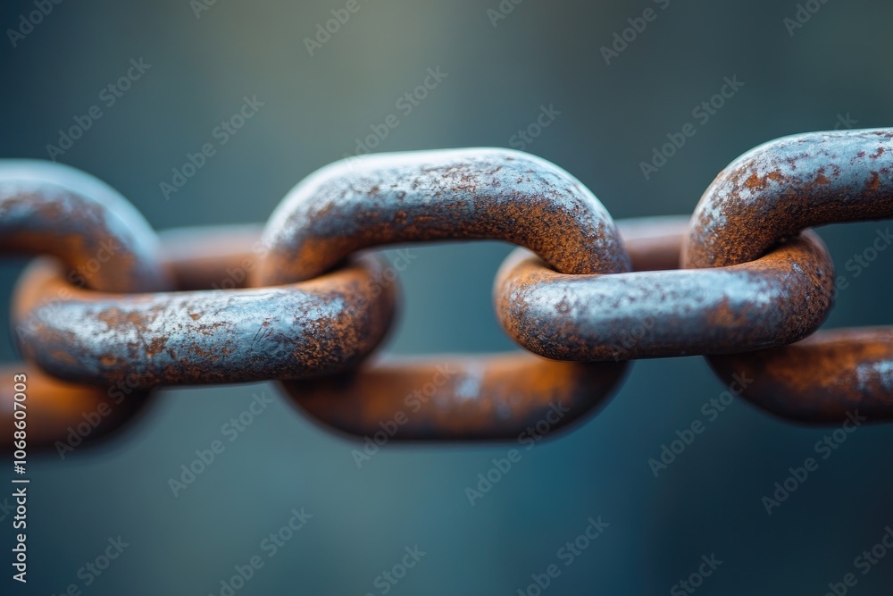 Poster Rusty chain links showing corrosion and decay on blurred background