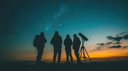 Fototapeta premium A group of stargazers observing the night sky, studying the stars and distant galaxies