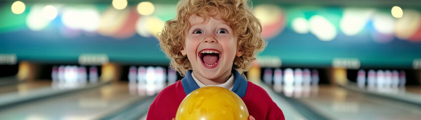 joyful child with curly hair excitedly holds yellow bowling ball at vibrant bowling alley.