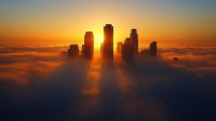 Stunning sunrise over a city skyline, with tall skyscrapers emerging from a blanket of clouds in vibrant orange hues.
