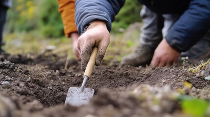 Fototapeta premium A close-up of tools used in archaeological fieldwork, as researchers carefully dig and brush away soil