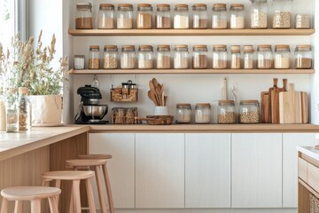 Modern Kitchen with Glass Jars Filled with Grains and Wooden Accents