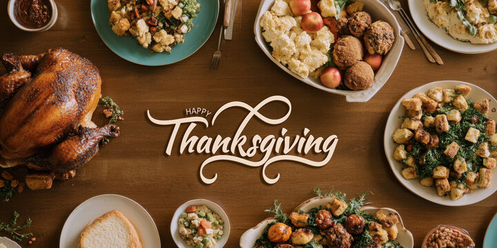 Happy Thanksgiving Day Banner with Dining Table Adorned by Various Dishes Top Photo.