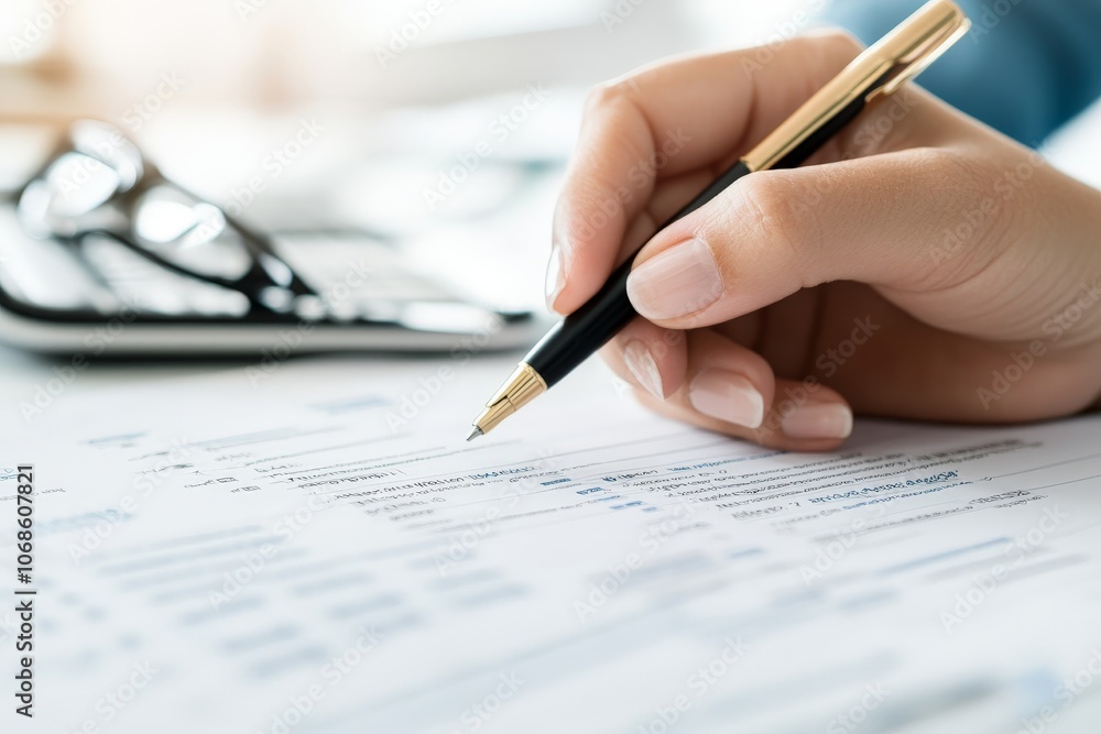 Poster a person writes on a document with a pen as a calculator rests on the table, symbolizing finance, ca