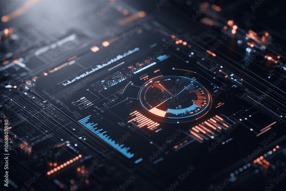 Poster a high-tech digital interface displays a circular graph with data visuals, representing innovation, 