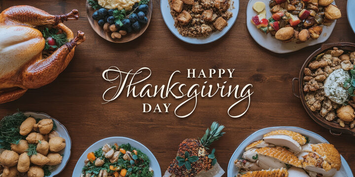 Happy Thanksgiving Day Banner with Dining Table Adorned by Various Dishes Top Photo.
