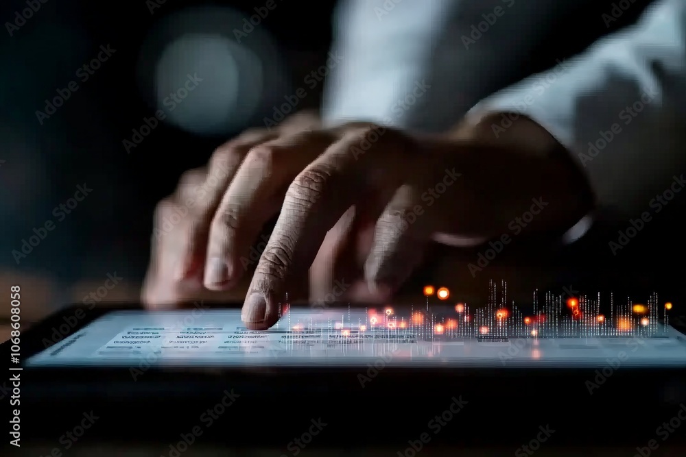 Poster a person interacts with a digital screen displaying illuminated data visualizations on a tablet, rep