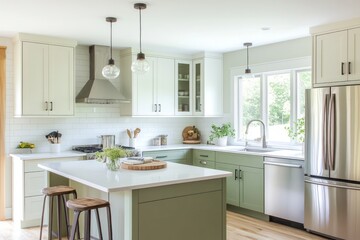 Modern Kitchen with Green Cabinets and Island