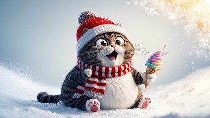 Happy Fat Cat Wearing Red Winter Scarf and Hat