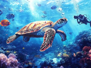 Obraz premium Scuba diver with large sea turtle in colorful coral reef.
