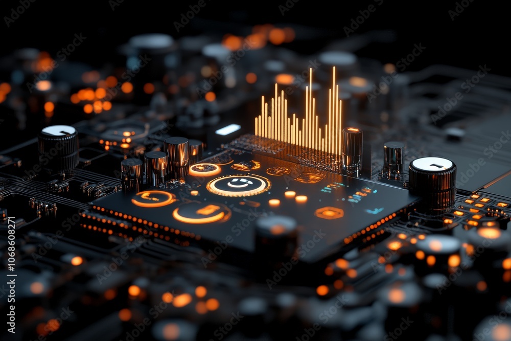 Poster an artistic representation of a high-tech circuit board filled with glowing lights and data streams,