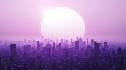 Fototapeta premium A stunning city skyline at sunset, featuring a vibrant purple sky and a massive sun in the background.