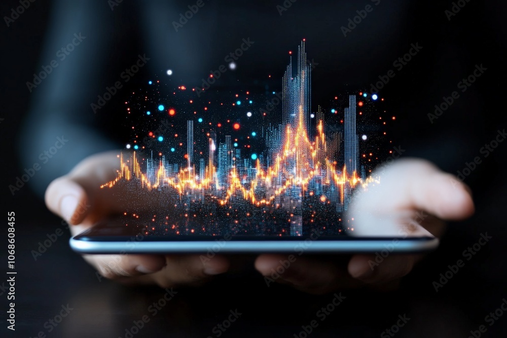 Aufkleber an advanced digital display of glowing financial graphs hovers above a tablet held in hands, represe