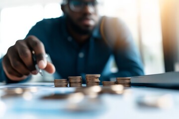 A close view of a hand carefully stacking coins in a neat array on a desk, with a focus on finances and strategy, represents economic planning and savings.