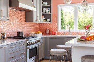 Fototapeta premium Modern Kitchen with Grey Cabinets and Coral Tile Backsplash